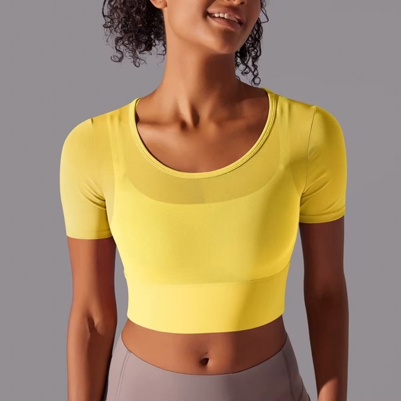 Pedigree Double Layered Mesh Crop Tee with Sports Bra Liner | Yellow - Picture 8 of 10